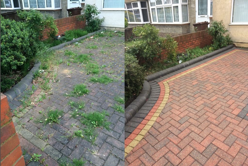 Before and after of a red brick driveway. From weed-covered to clean and bright.